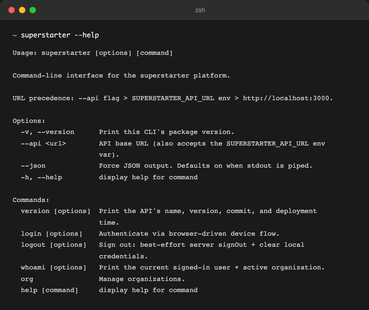 Terminal showing superstarter --help output listing login, logout, whoami, org, and version commands
