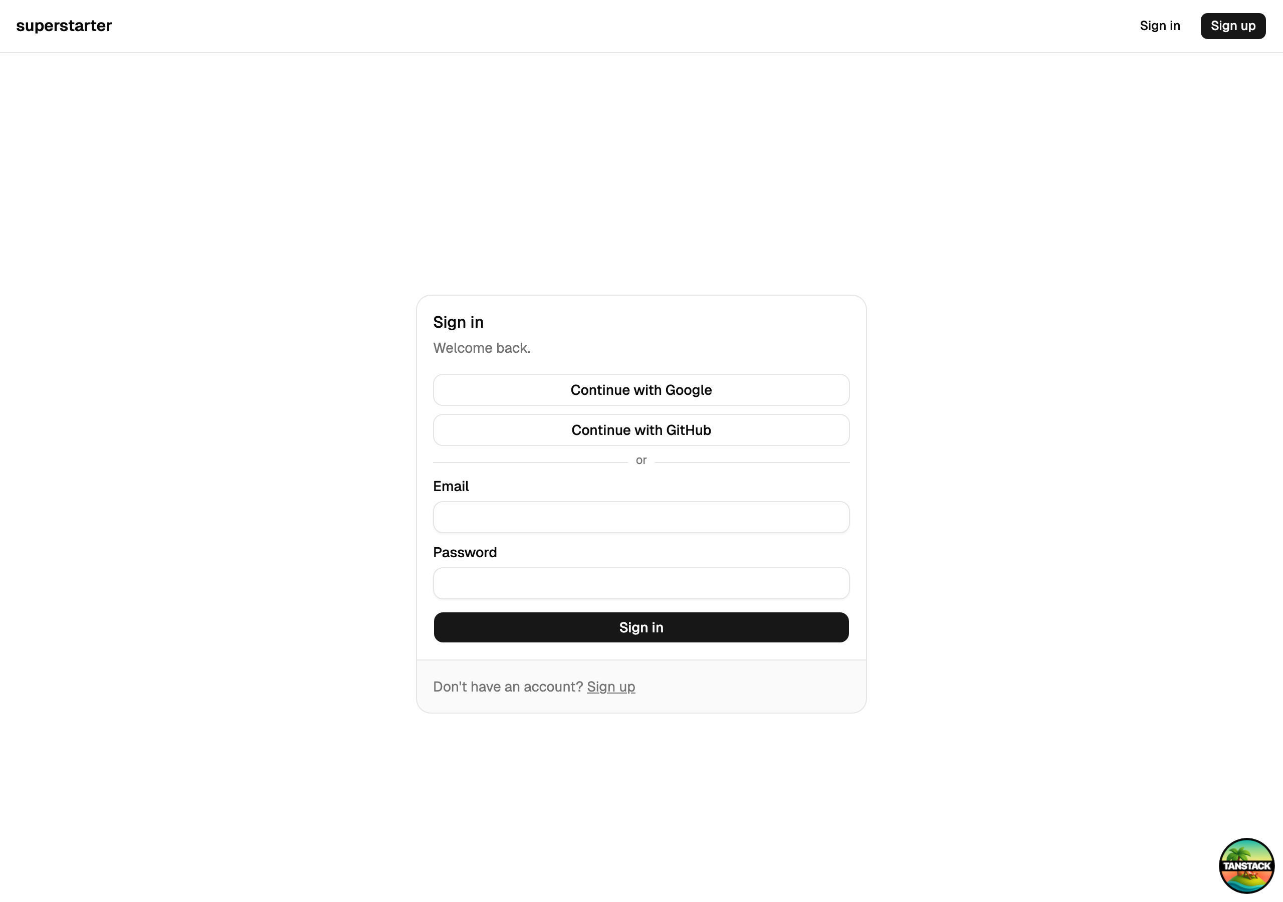 Superstarter web sign-in screen showing email/password form with Google and GitHub OAuth options